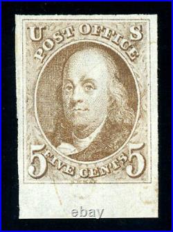 #1, 5c Brown 1847 Issue, USED, XF/Superb, sound, 2019 PFC (graded 95 XQ)