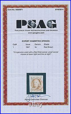 #1 Vf Used Red Grid Cancel With Psag Cert CV $425 Br6803 Hs1021600