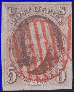 #1 XF USED GEM RED GRID CANCEL (BROWN) - SCARCE - With PSE 90 CERT HV5839