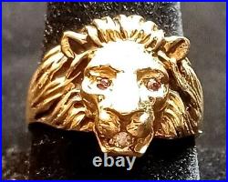 10K gold lion head ring ruby eyes real diamond in mouth stamped size 10