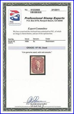 #12, USED, Very Fine, bright RED face-free cancel, 2011 PSE (grade 80), SMQ $700
