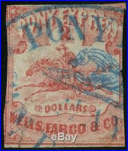 #143L1 $2 RED PONY EXPRESS USED With BLUE PONY EXPRESS CANCEL FINE CV $800 HW2690