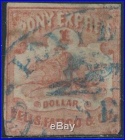 #143l3 $1 Red Pony Express Fine Used W. Blue Pony Express Cancel CV $900 Bt8141