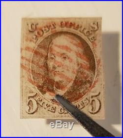 1847 Scott #1 Franklin 5c Red Grid Cancel and three and 1/2 margins