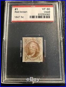 1847 US Scott# 1 5¢ Franklin- Red Brown -Used PSE VF 80 Encapsulated -Red Cancel