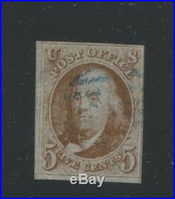 1847 US Stamp #1 5c Used F/VF Blue Cancel Creased Catalogue Value $450