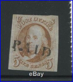 1847 US Stamp #1 5c Used PAID Cancel Imperf Catalogue Value $425