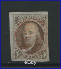 1847 US Stamp #1a 5c Used F/VF Orange Red Full Cancel Catalogue Value $720