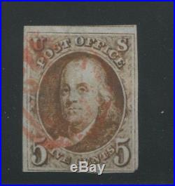 1847 USA Benjamin Franklin VF 4 Margin Postage Stamp #1 Brookman $800