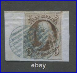 1847 United States 5¢ Benjamin Franklin Postage Stamp #1 Used on Cut Corner