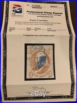 1847 Us Stamp Scott Cat #1 Pse Certifed Genuine Used With A Blue Cancel