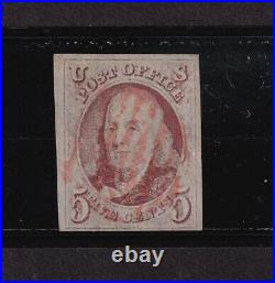 1847 Washington Sc 1 used single 5c red grid cancel APS Certificate DCTR