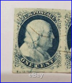 1850s Imperforate Franklin Blue Rare Strip Of 3