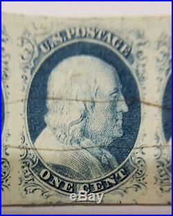 1850s Imperforate Franklin Blue Rare Strip Of 3