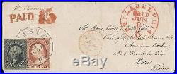 1857 Lancaster PA to France with 3c #11A & 12c #17 at 15c rate, rare use