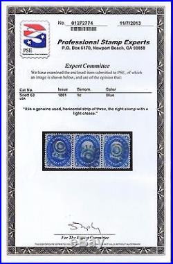 1861 1c Blue Scott 63 Stunning Used Strip of Three SF Cogs with PSE Certificate