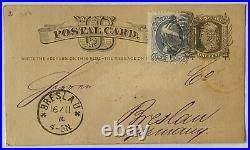 1870 U. S. Postal Card To Breslau Germany With Fancy Cross Cancel & Red Postmark