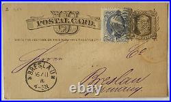 1870 U. S. Postal Card To Breslau Germany With Fancy Cross Cancel & Red Postmark
