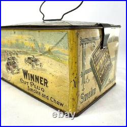 1910 stamp WINNER CUT PLUG Smoke & Chew TOBACCO TIN Tin J. Wright Co Lunch box