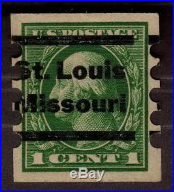 1912 US, 1c stamp, Mailometer IV perf. Sc 408, St. Louis Missouri precancel