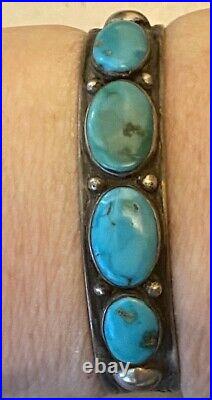 1930s Hand Constructed & Stamped Navajo or Zuni Four Natural Turquoise Bracelet