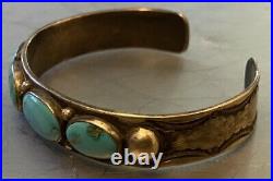1930s Hand Constructed & Stamped Navajo or Zuni Four Natural Turquoise Bracelet