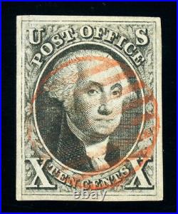 #2, 10c 1847 Issue, USED, Extremely Fine & sound, RED grid, 2020 PFC (graded 90)
