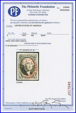 #2, 10c 1847 Issue, USED, Extremely Fine & sound, RED grid, 2020 PFC (graded 90)