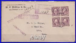 345 IMPERF BLOCK w 4 MARGINS on 1912 CT to MA REGISTERED Cover SCARCE ITEM
