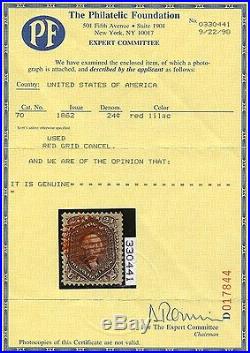 #70 24¢ Red Lilac Xf+ Used Red Grid Cancel With Pf Cert CV $840+ Hw2719