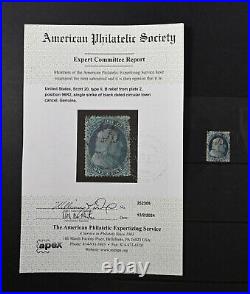 APS/APEX Cert USA Scott # 20 Type II Plate 2 VF Used Stamp Cat $275