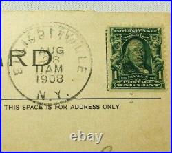Antique Benjamin Franklin 1 Cent Stamp Rare Cancelled 1908 On New York Postcard