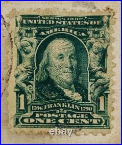 Ben Franklin 1908 One Cent Green Stamp Rare Missed Cancel Mark On Postcard (C2)