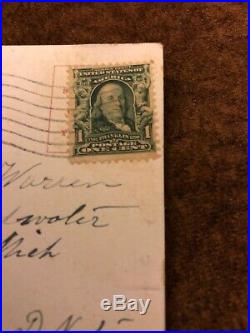 Benjamin Franklin RARE ANTIQUE 1907 1 CENT STAMP On Postcard Double Cancelled