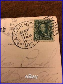 Benjamin Franklin RARE ANTIQUE 1908 1 CENT STAMP Double Cancelled On Postcard