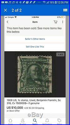 Benjamin Franklin Stamp RARE ANTIQUE 1901-1908 1 CENT STAMP 100% AUTHENTIC