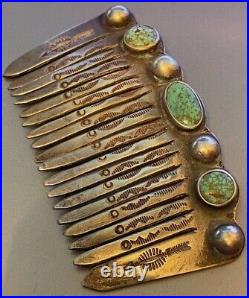 Best! Navajo Early Sterling Hair Ornament Comb No. 8 Mine Turquoise Hand Stamped