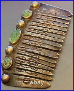 Best! Navajo Early Sterling Hair Ornament Comb No. 8 Mine Turquoise Hand Stamped