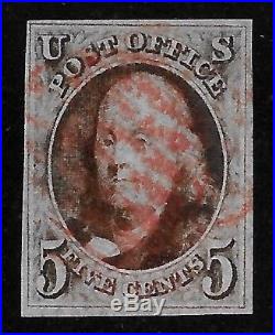 DTStamps Gorgeous PF Certed 1847 Scott #1 VF-XF 5c Franklin withSON Red Grid Canx