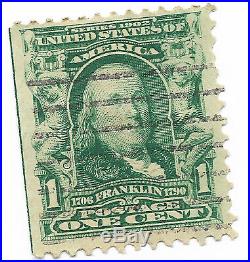 F-VF Rare 1901-1908 Benjamin Franklin 1 cent stamp used #300 Green line error
