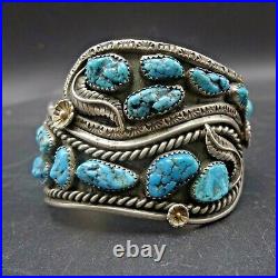 FABULOUS Vintage NAVAJO Hand-Stamped Sterling Silver TURQUOISE Cuff BRACELET 76g