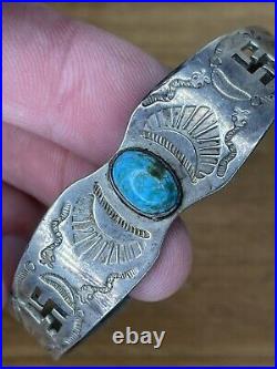 FRED HARVEY TURQUOISE WHIRLING LOGS CUFF BRACELET With ARROW STAMPS