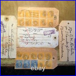 Five 1920s SHIPPING LABELS WITH EARLY USA 1, 2, 6, 8, 10, 20, AND 50 CENT STAMPS