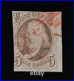 Genuine Scott 1 Used 1847 Red Brown Sheet Margin With Red Grid Cancel Psag Cert