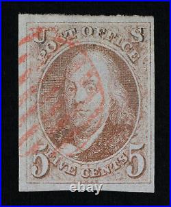 Genuine Scott #1 Used 1847 Red Brown With 4 Large Margins 7-bar Red Grid Cancel