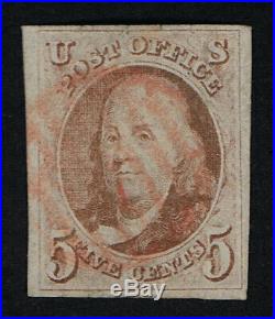 Genuine Scott #1 Xf Used 1847 Red Brown 4 Full Margins With Red Grid Cancel