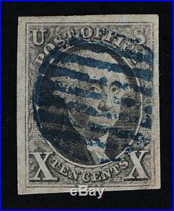 Genuine Scott #2 Used 1847 Black Large Margins Blue Grid Cancel 10¢ First Issue