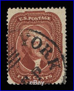 Genuine Scott #28 Vf 1857 Used Red Brown Type-i Ny Ocean Mail Cancel Scv $1050