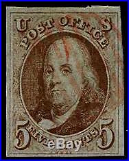 HERRICKSTAMP UNITED STATES Sc. # 1 Red Brown VF Used 4 Margin Stamp