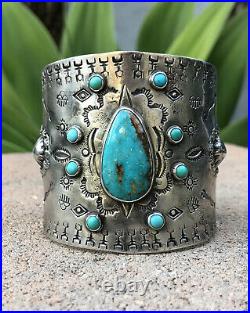 HUGE Vtg Fred Harvey Navajo Ingot Silver Stamped Royston Turquoise Cuff Bracelet